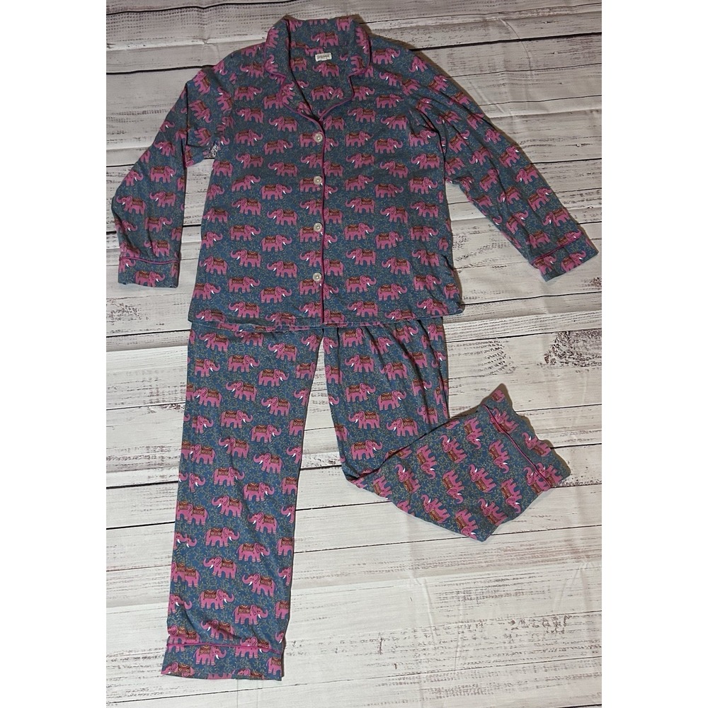 BedHead Pajamas Womens Medium Blue Pink Elephant Print Cotton PJ Set Made in USA